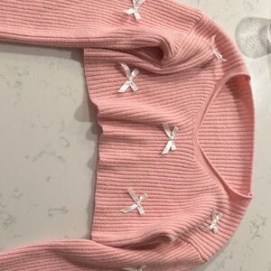 SHEIN Pink Ribbed Sweater with White Bow Details